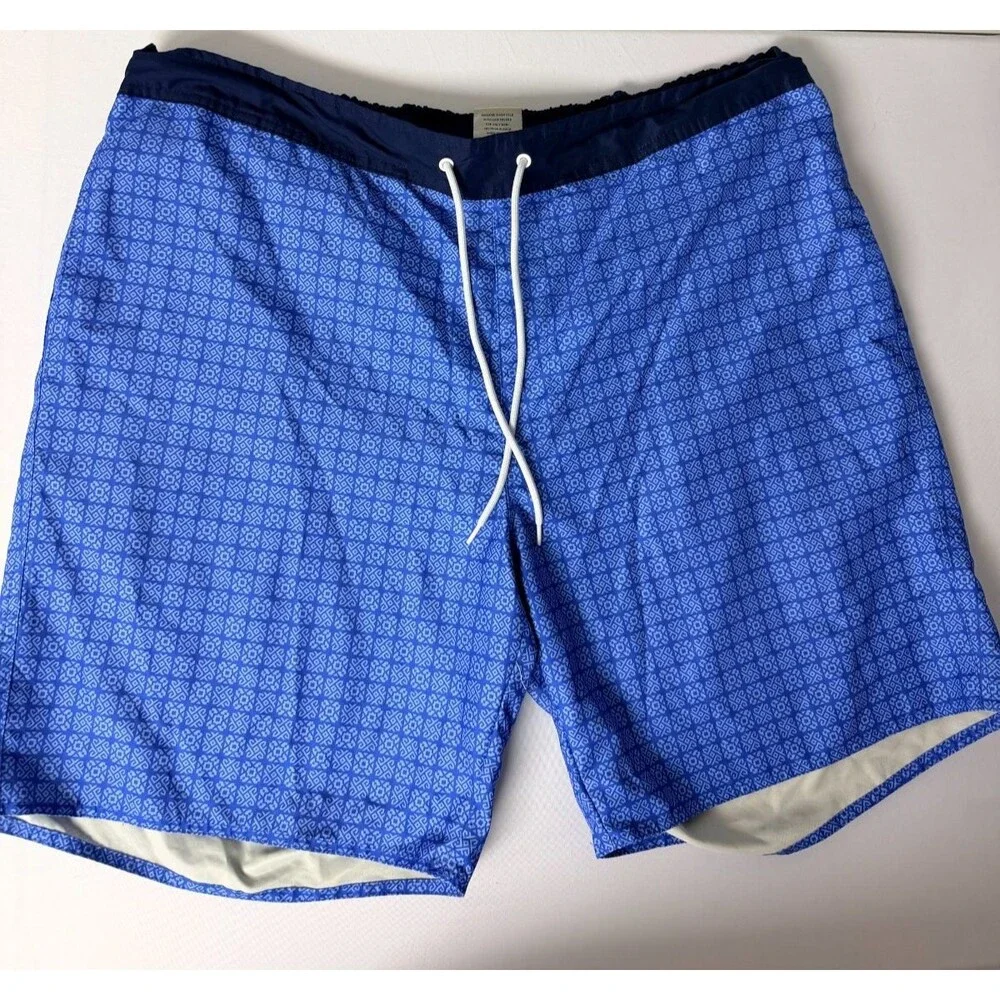 St Johns Bay Mens 2XL Blue Geometric Swim Trunks Mesh Lined Drawstring